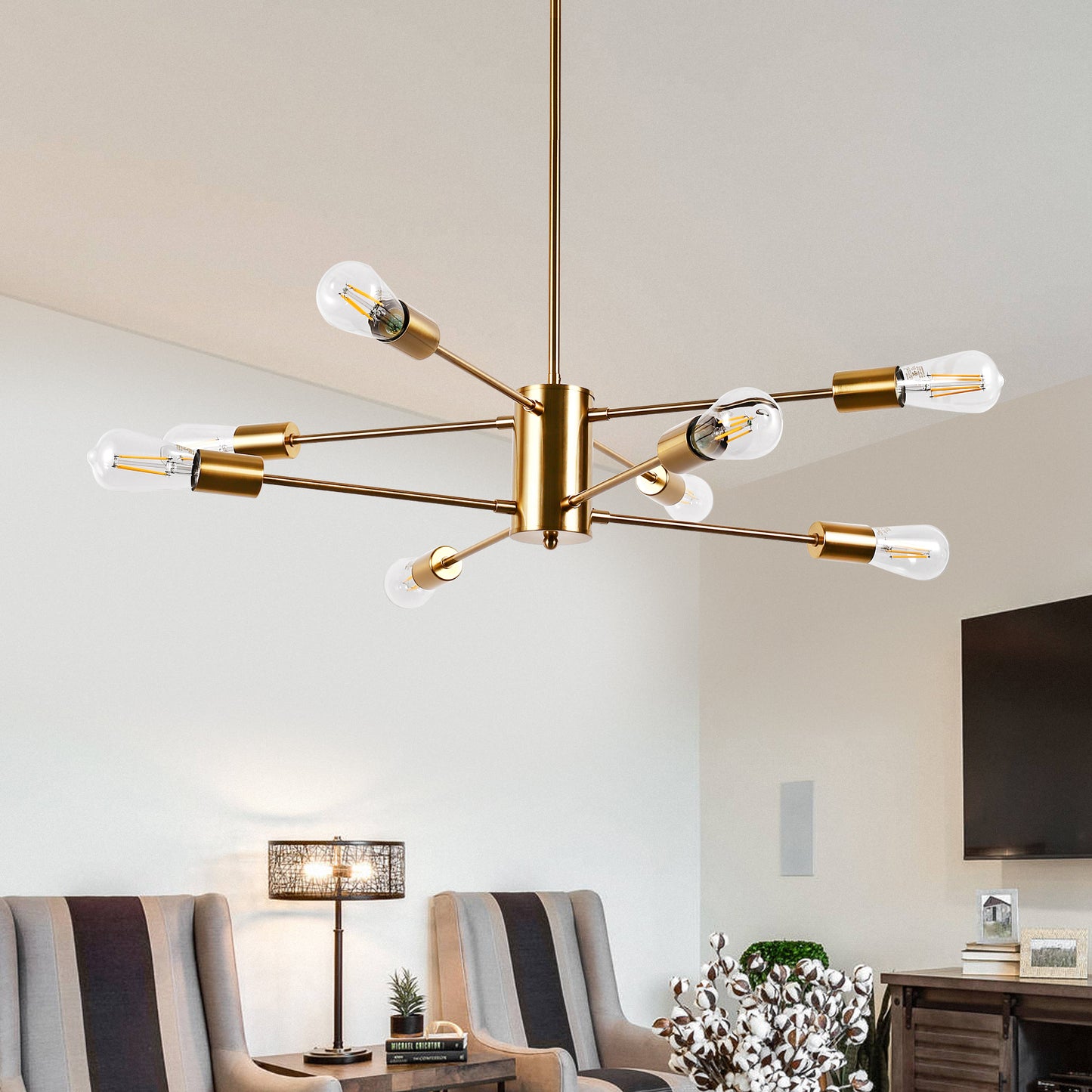 YANSUN 8-Light Industrial Chandelier, Brushed Brass Branch Ceiling Light Fixture E26 Vintage Farmhouse Lighting for Dining Room Living Room