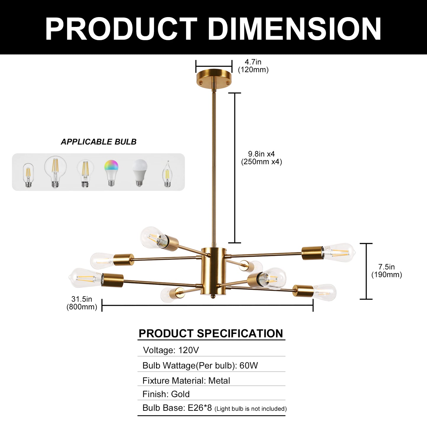 YANSUN 8-Light Industrial Chandelier, Brushed Brass Branch Ceiling Light Fixture E26 Vintage Farmhouse Lighting for Dining Room Living Room
