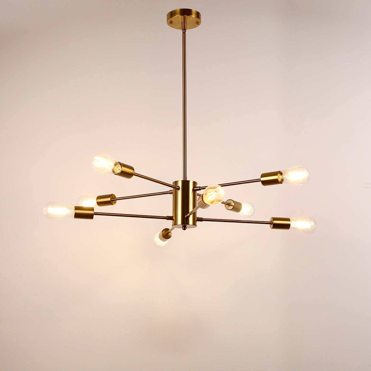 YANSUN 8-Light Industrial Chandelier, Brushed Brass Branch Ceiling Light Fixture E26 Vintage Farmhouse Lighting for Dining Room Living Room