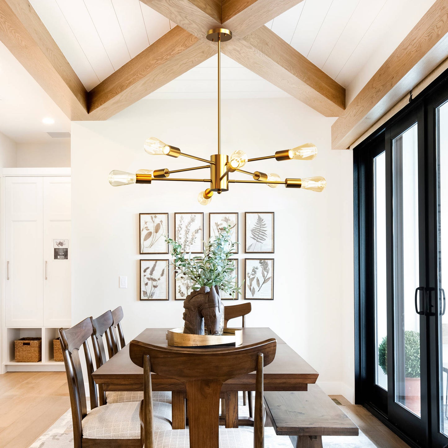 YANSUN 8-Light Industrial Chandelier, Brushed Brass Branch Ceiling Light Fixture E26 Vintage Farmhouse Lighting for Dining Room Living Room
