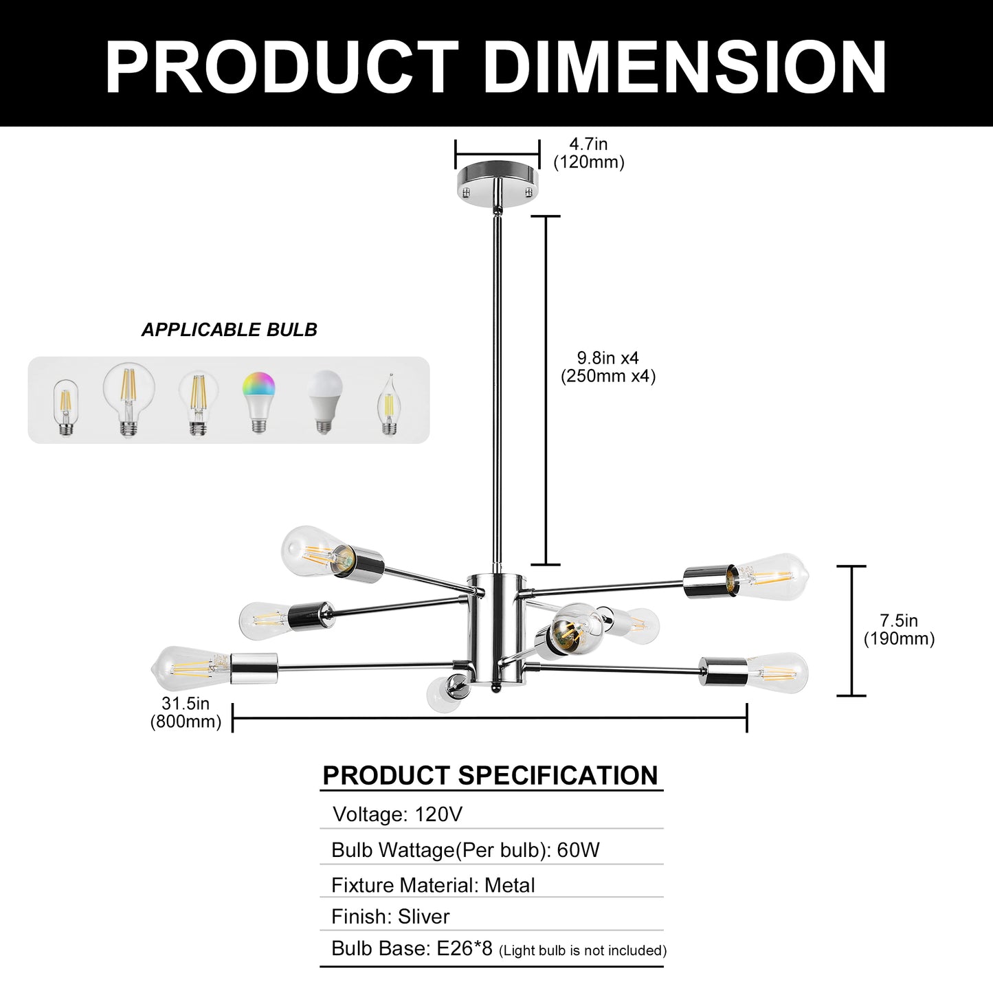 YANSUN 8-Light Modern Chandelier E26 Metal Ceiling Light Fixture with 11.8in Arms and Adjustable 39.4in Downrods for Dining Room Living Room Entryway