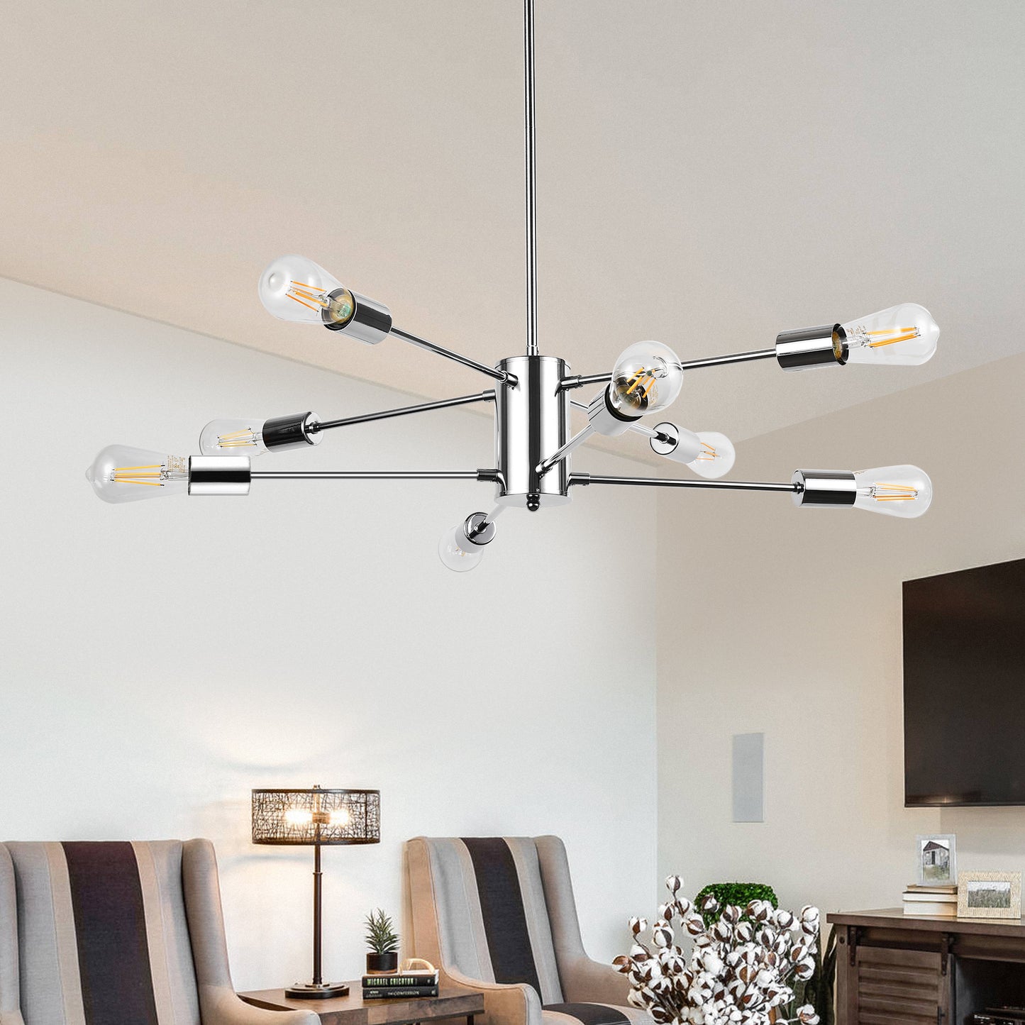 YANSUN 8-Light Modern Chandelier E26 Metal Ceiling Light Fixture with 11.8in Arms and Adjustable 39.4in Downrods for Dining Room Living Room Entryway