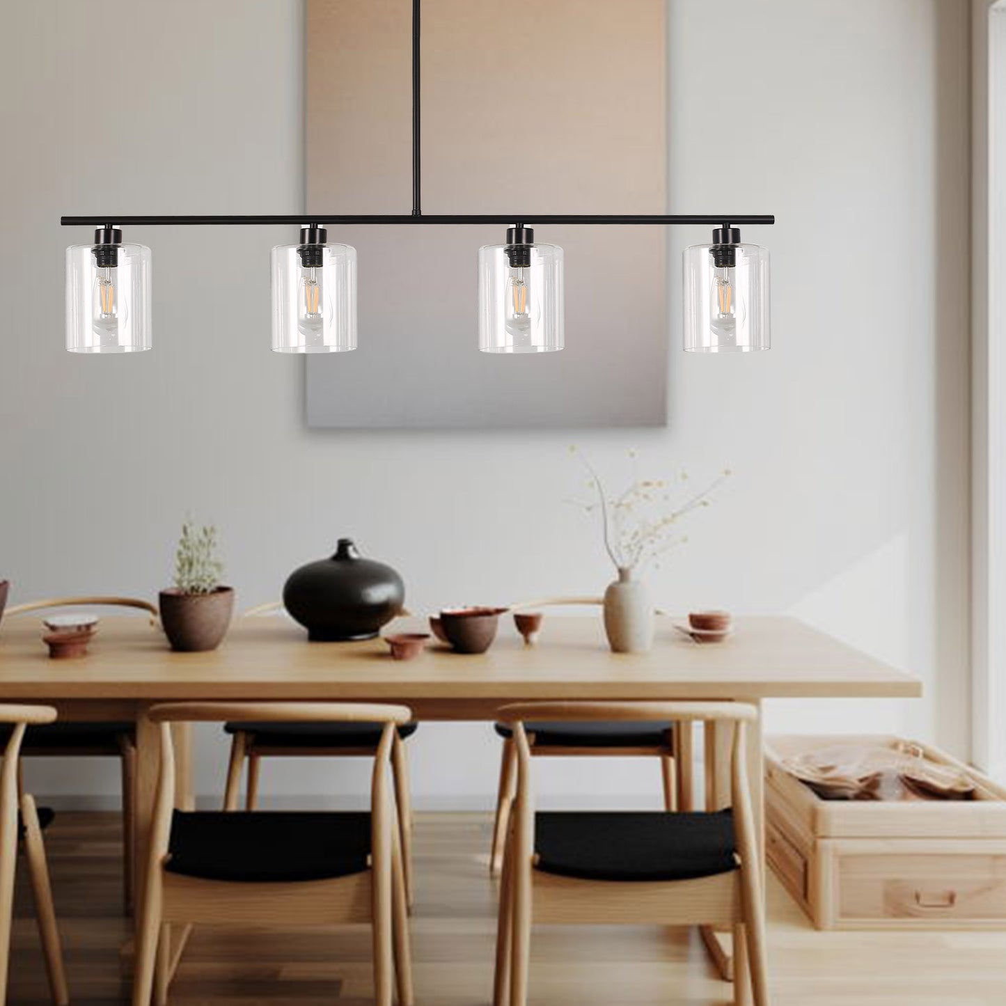 4-Light Matte Black Modern Island Chandelier Fixture with Clear Glass Shades