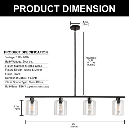 4-Light Matte Black Modern Island Chandelier Fixture with Clear Glass Shades
