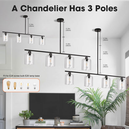 4-Light Matte Black Modern Island Chandelier Fixture with Clear Glass Shades