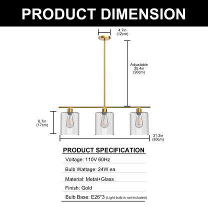 3-Light Gold Modern Kitchen Island Pendant Light Fixtures, Linear Chandelier Hanging Light with Clear Glass Shade