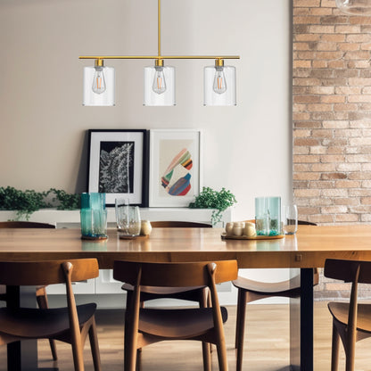 3-Light Gold Modern Kitchen Island Pendant Light Fixtures, Linear Chandelier Hanging Light with Clear Glass Shade