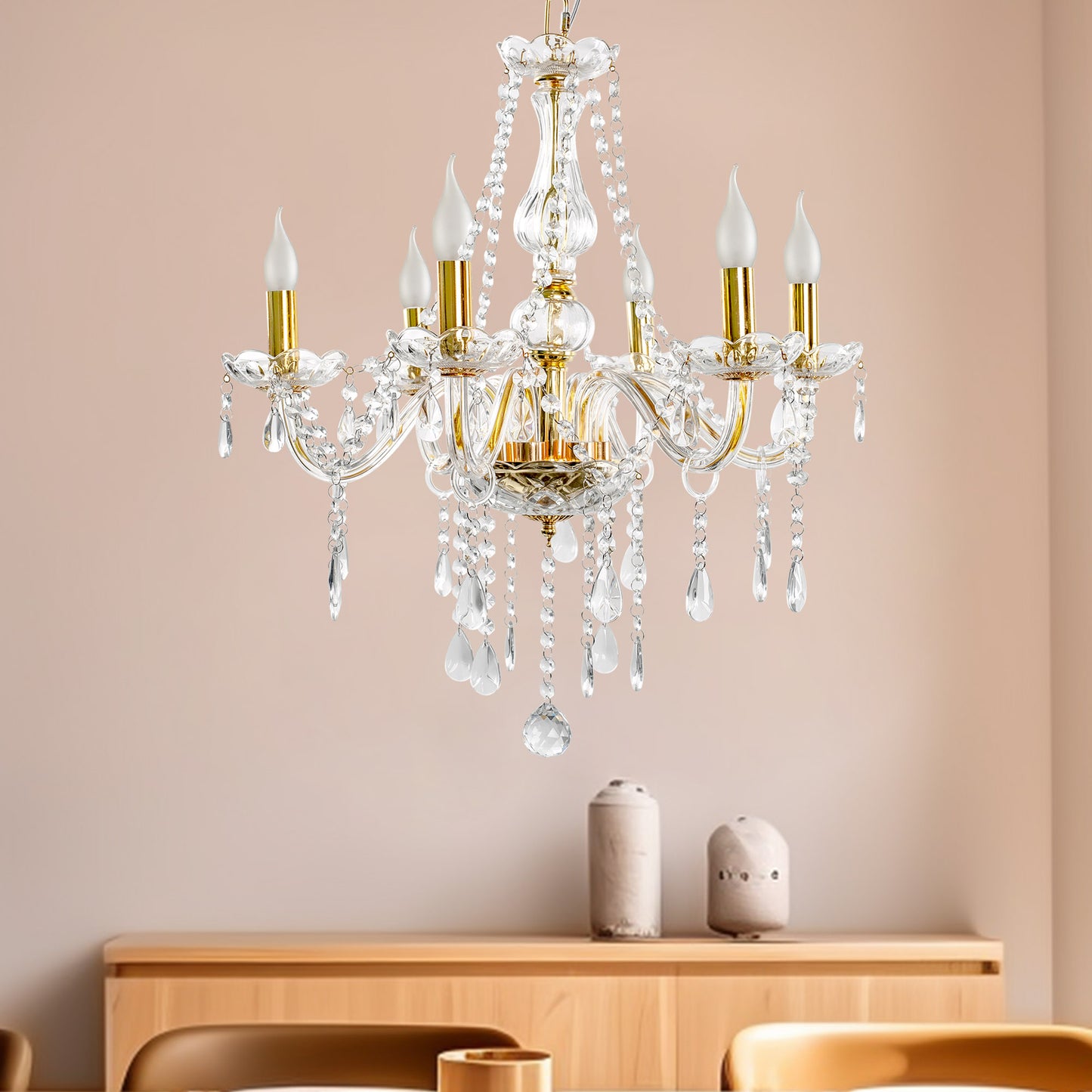 YANSUN 6-Light Gold Chandelier with Crystal Shade, E12 Base for Living Room, Dining Room, Entryway(Light Bulbs Not Included)