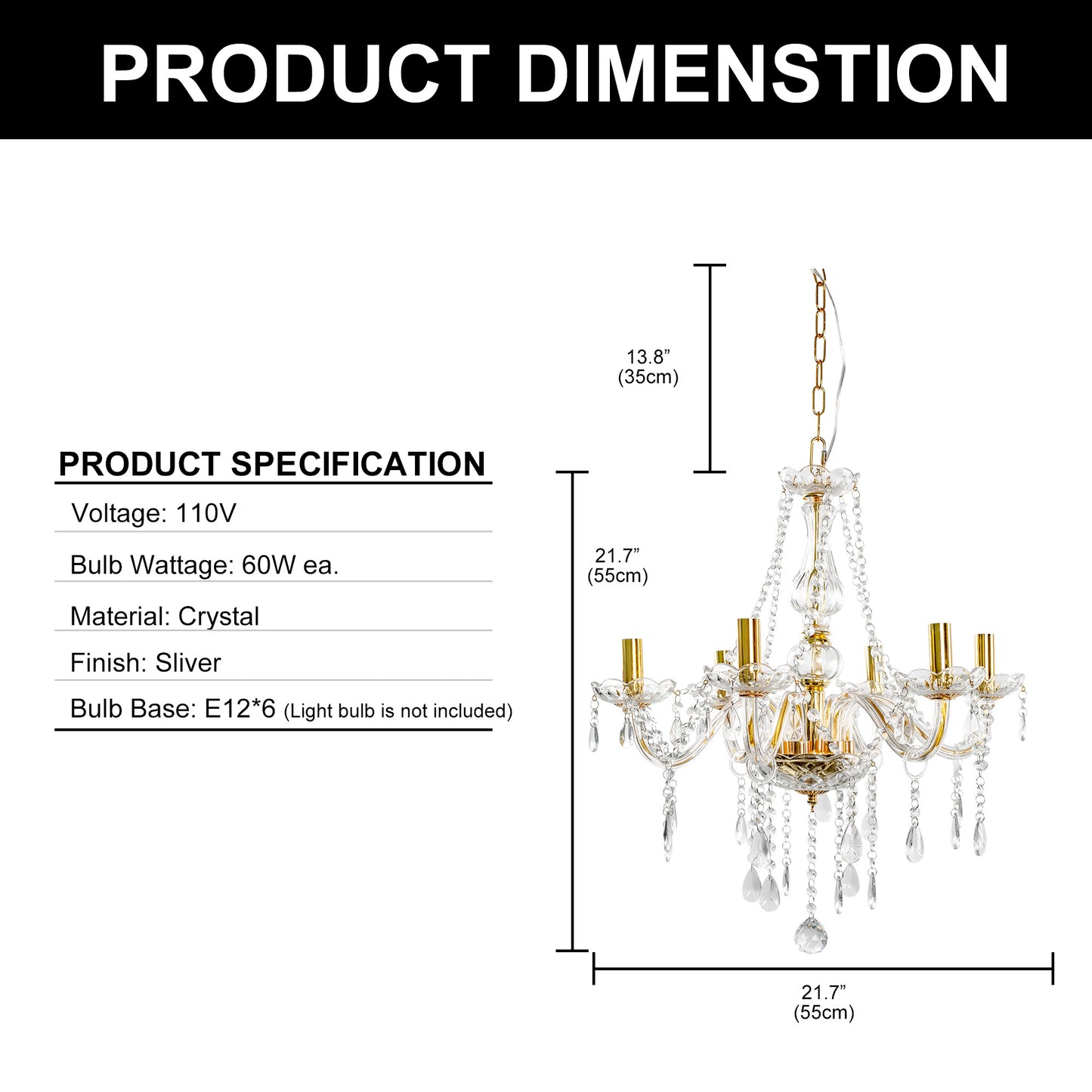 YANSUN 6-Light Gold Chandelier with Crystal Shade, E12 Base for Living Room, Dining Room, Entryway(Light Bulbs Not Included)