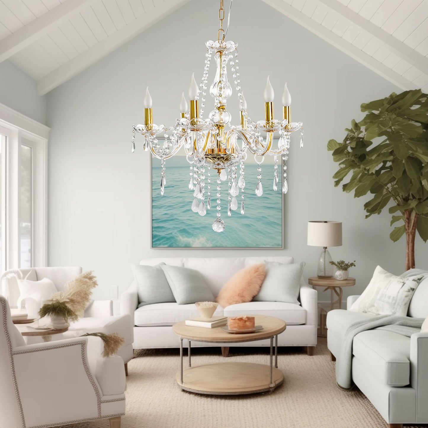 YANSUN 6-Light Gold Chandelier with Crystal Shade, E12 Base for Living Room, Dining Room, Entryway(Light Bulbs Not Included)
