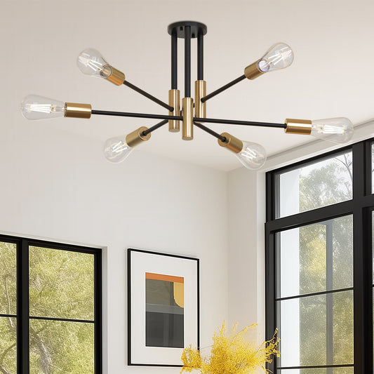 YANSUN 25 In. 6-Light Modern Satellite Semi-Flush Mount with E26 Bulb Base for Living Room, Dining Room, or Entryway 1-Pack