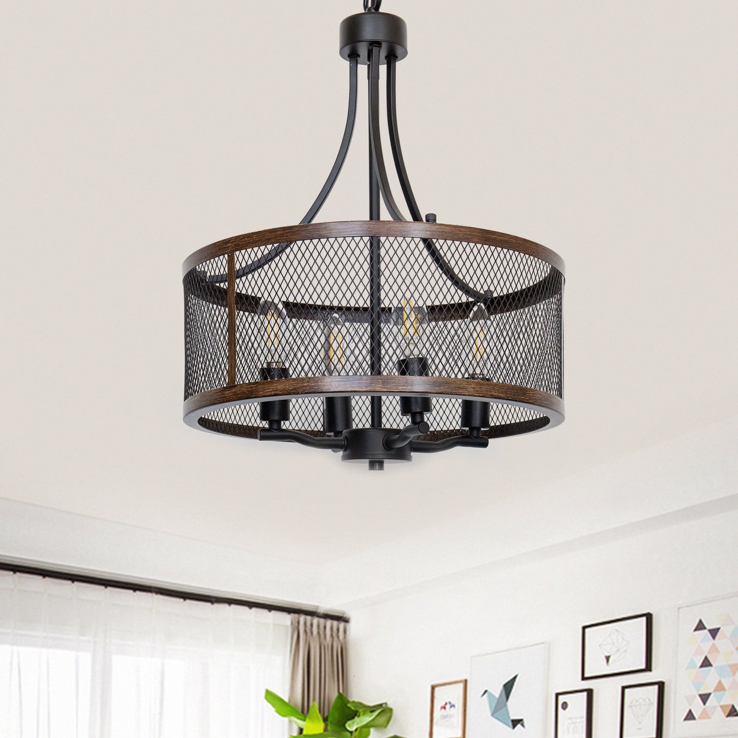 YANSUN 4-Light Rustic Wood Grain Pendant Light E12 Base Farmhouse Hanging Ceiling Pendant Fixture for Kitchen Bulb Not Included