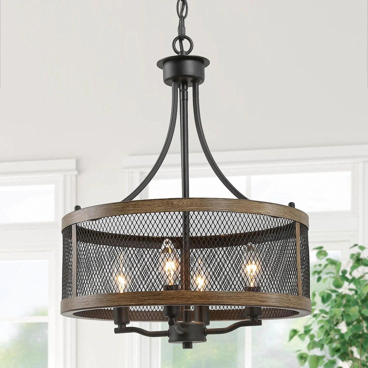 YANSUN 4-Light Rustic Wood Grain Pendant Light E12 Base Farmhouse Hanging Ceiling Pendant Fixture for Kitchen Bulb Not Included