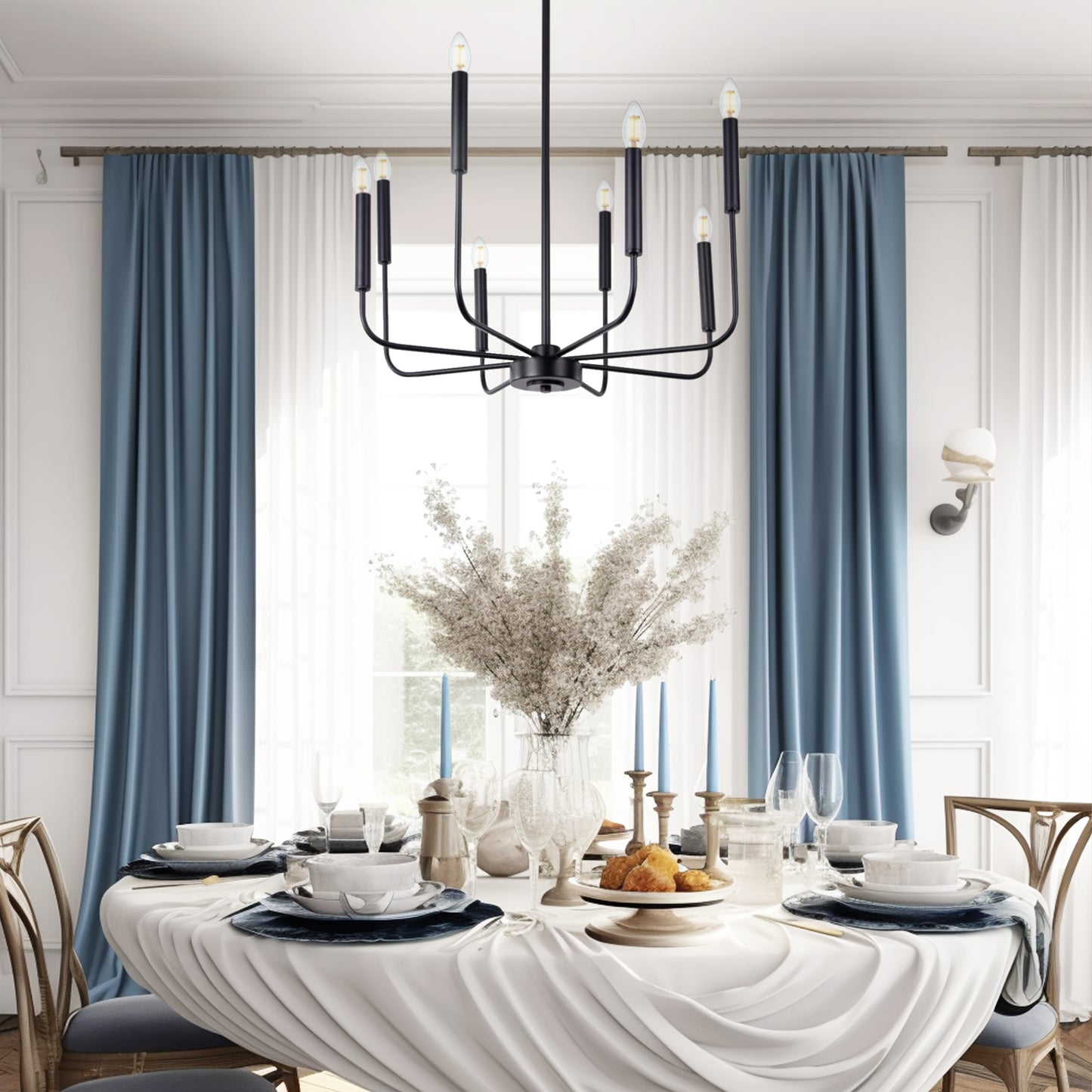 YANSUN 8-Light Matte Black Modern Chandelier Farmhouse Linear Candle with Chain for Bedroom,Dining Room,Foyer No Bulbs Included