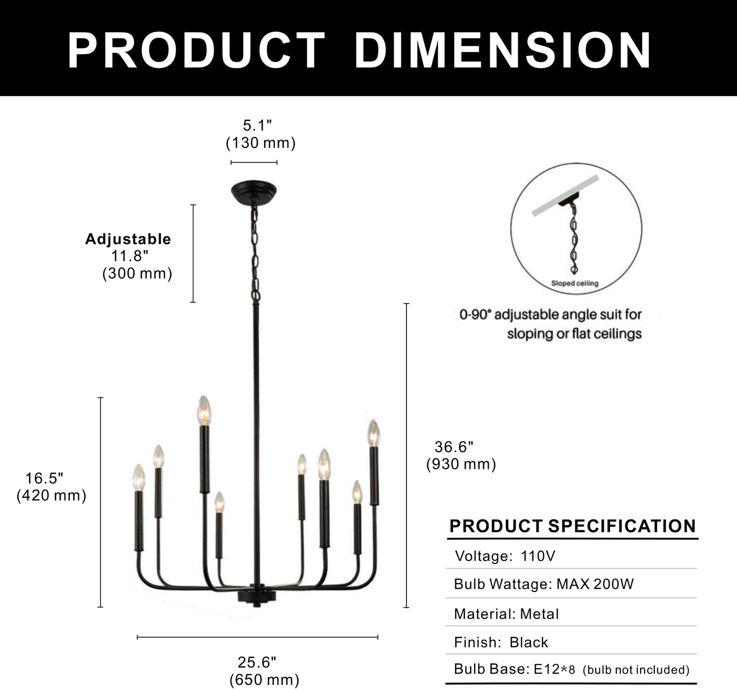 YANSUN 8-Light Matte Black Modern Chandelier Farmhouse Linear Candle with Chain for Bedroom,Dining Room,Foyer No Bulbs Included