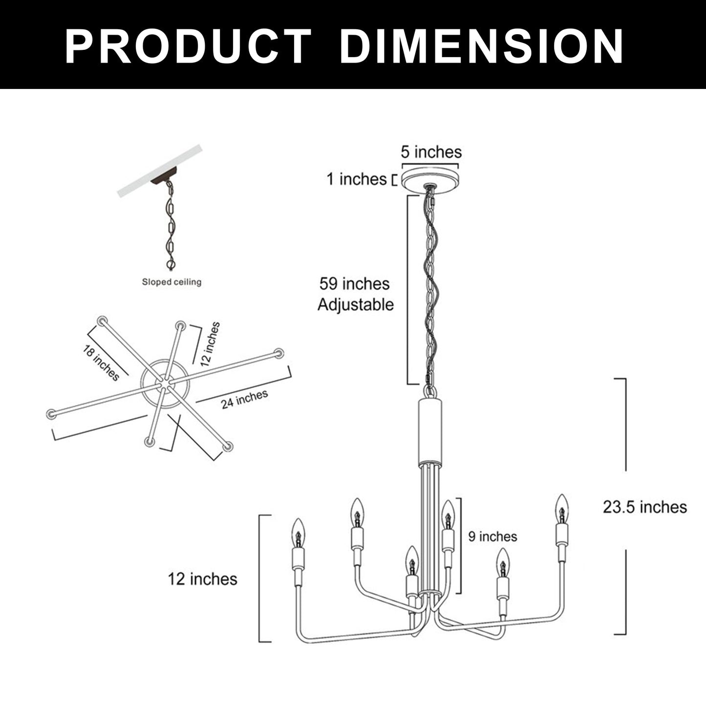 YANSUN 25 in. 6-Light Vintage American Chandelier, E12 Base, Classic Branch Pendant Light for Kitchen Bulbs Not Included