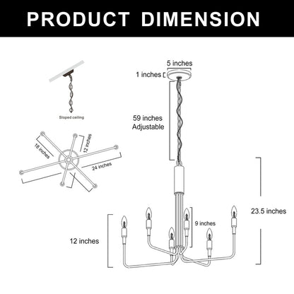 YANSUN 25 in. 6-Light Vintage American Chandelier, E12 Base, Classic Branch Pendant Light for Kitchen Bulbs Not Included
