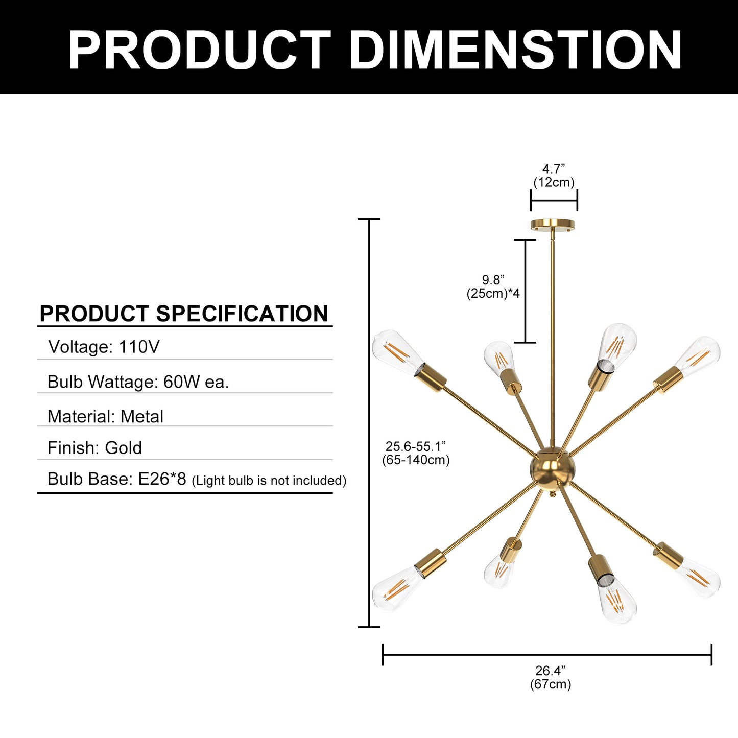 YANSUN 8-Light Satellite Chandelier in Copper Finish, E26 Base, No Bulbs Included