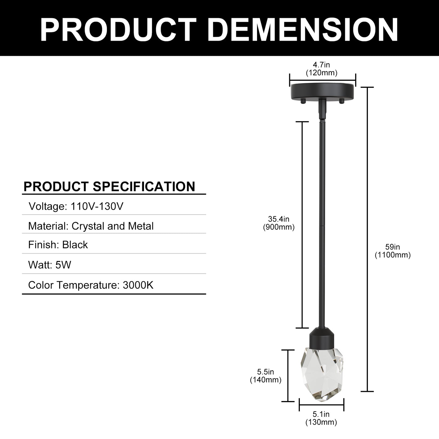 YANSUN 1-Light Modern Black Diamond Pendant Light 5W Integrated LED Hanging Ceiling Light 3000K for Kitchen Dining Room Bedroom