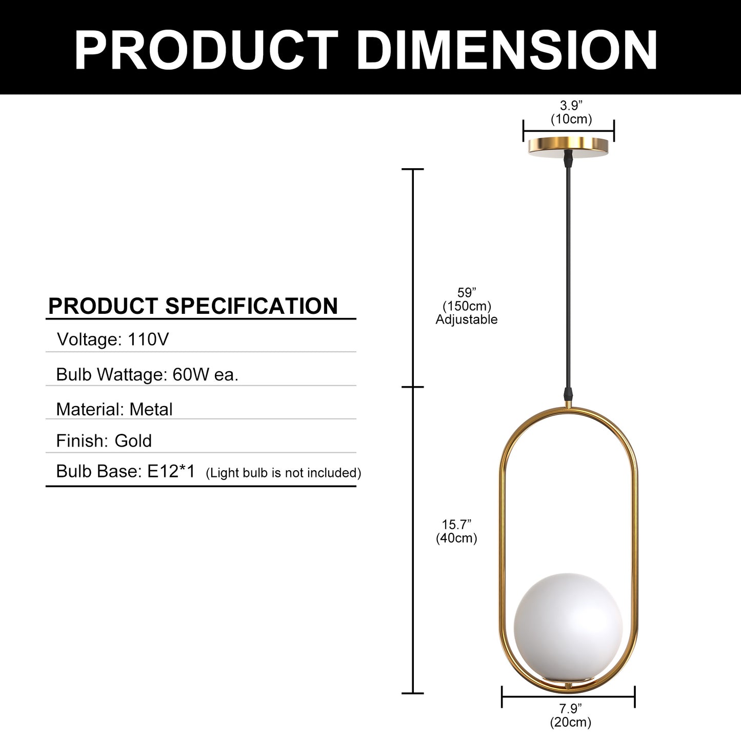 YANSUN 1-Light Modern Copper Pendant Light with White Glass Shade, No Bulb Included