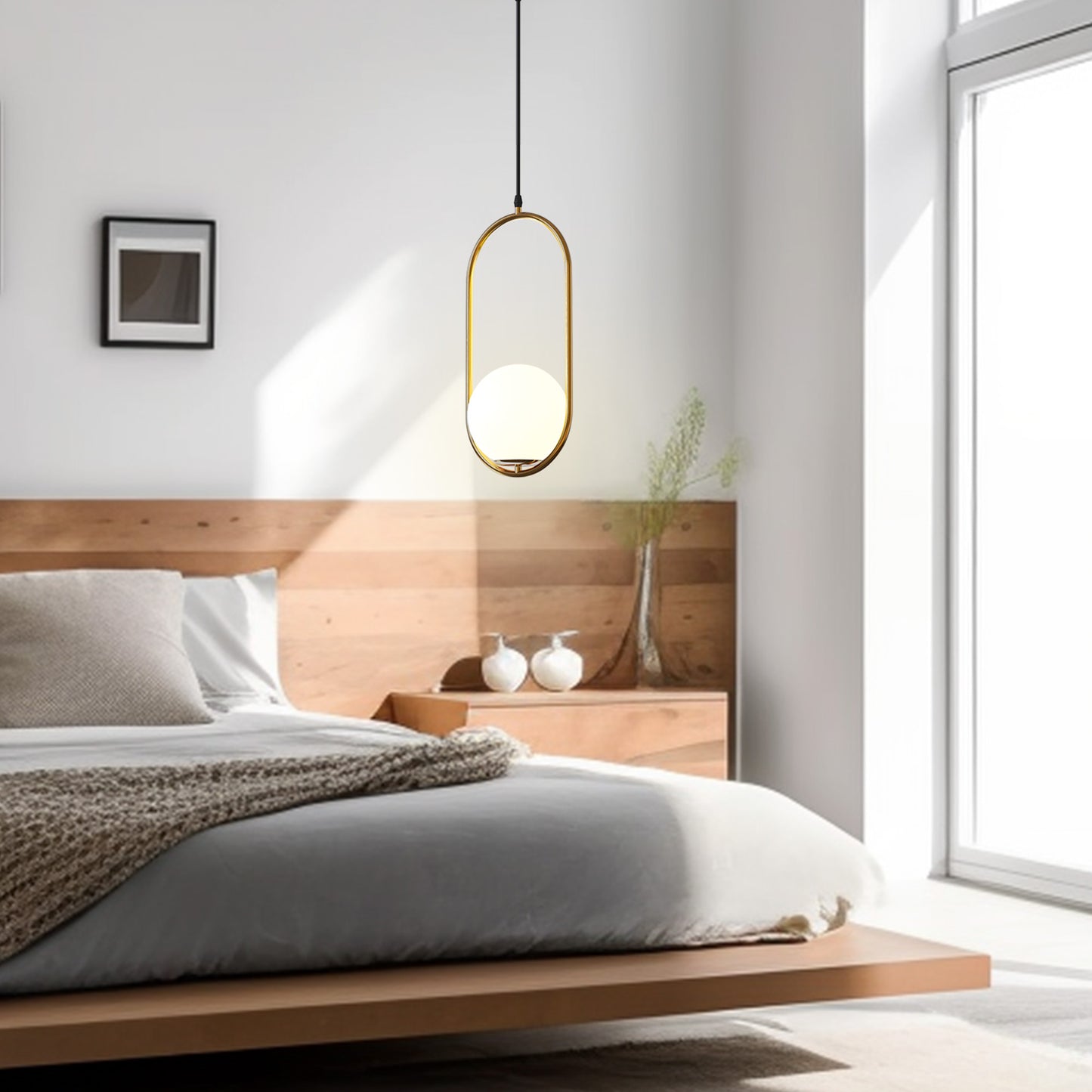 YANSUN 1-Light Modern Copper Pendant Light with White Glass Shade, No Bulb Included