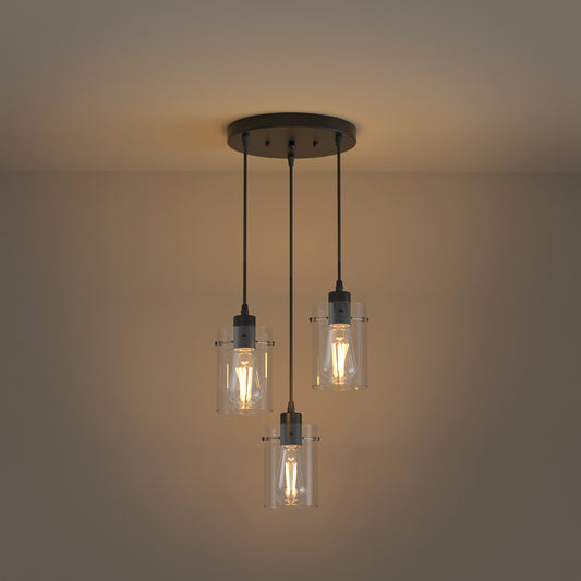 YANSUN 3-Light Modern Pendant Black with Clear Glass Shade E26 Bulb Not Included