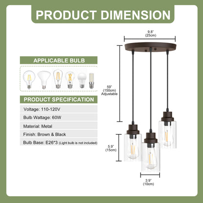 YANSUN 3-Light Oil Rubbed Bronze Kitchen Island Pendant Light with Clear Glass Shade Traditional E26 Ceiling Light Fixture
