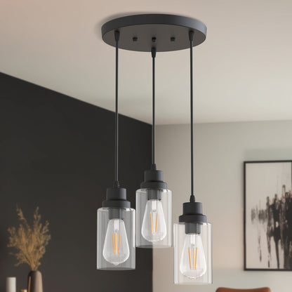 YANSUN 3-Light Black Chandelier Industrial Pendant Light Fixture with Clear Glass Shades for Kitchen and Dining Areas