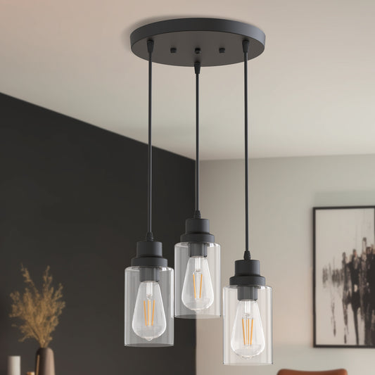 YANSUN 3-Light Black Chandelier Industrial Pendant Light Fixture with Clear Glass Shades for Kitchen and Dining Areas