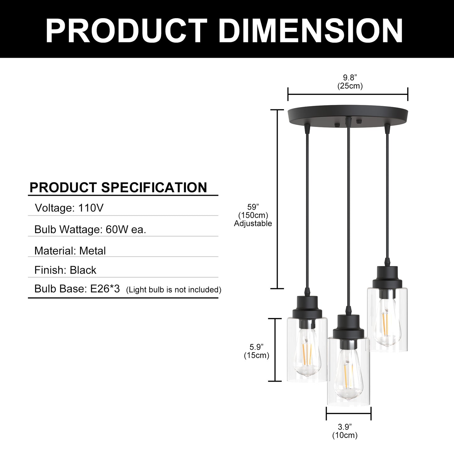 YANSUN 3-Light Black Chandelier Industrial Pendant Light Fixture with Clear Glass Shades for Kitchen and Dining Areas