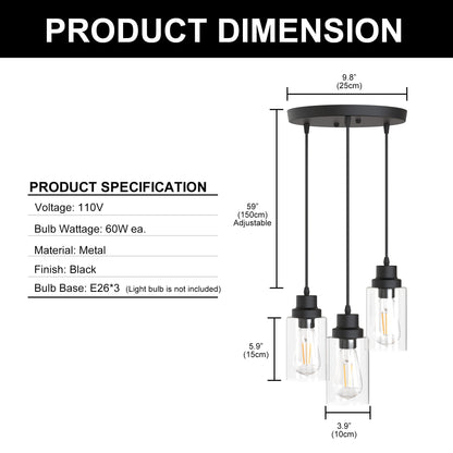 YANSUN 3-Light Black Chandelier Industrial Pendant Light Fixture with Clear Glass Shades for Kitchen and Dining Areas