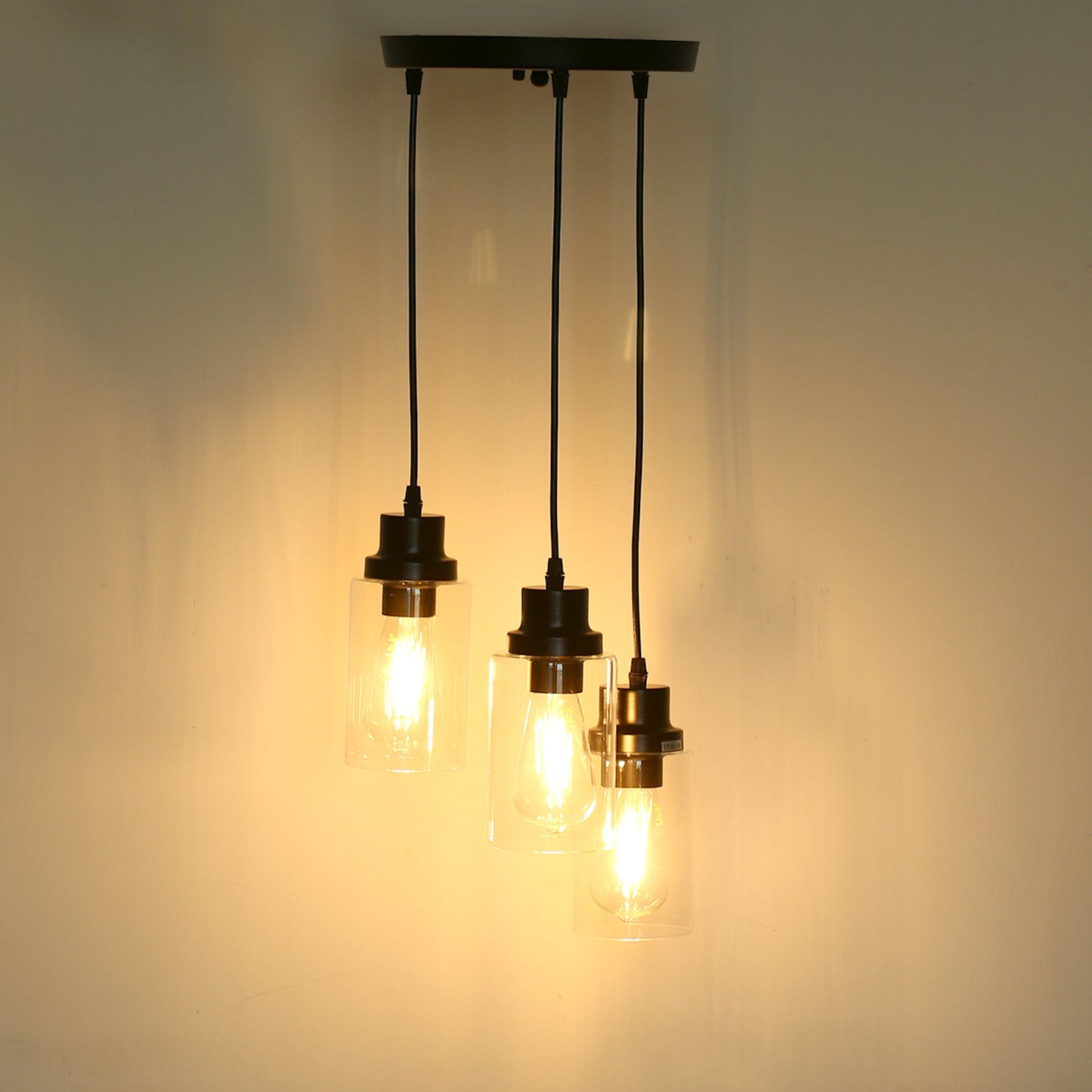 YANSUN 3-Light Black Chandelier Industrial Pendant Light Fixture with Clear Glass Shades for Kitchen and Dining Areas