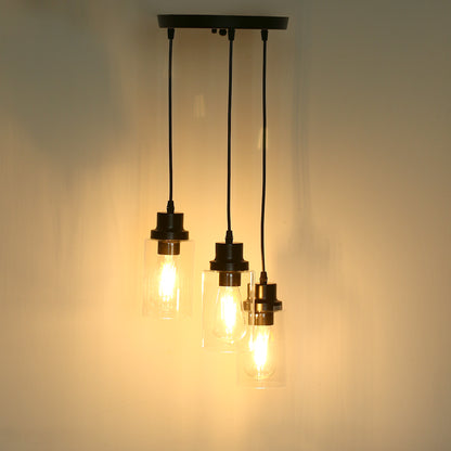 YANSUN 3-Light Black Chandelier Industrial Pendant Light Fixture with Clear Glass Shades for Kitchen and Dining Areas