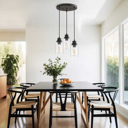 YANSUN 3-Light Black Chandelier Industrial Pendant Light Fixture with Clear Glass Shades for Kitchen and Dining Areas