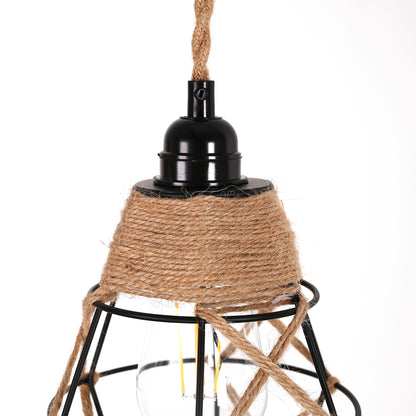 6.29 in. 1-Light Black Geometric Shaded Retro Plug-in Hand Woven Hemp Pendant Light with On/Off Switch for Dining Room