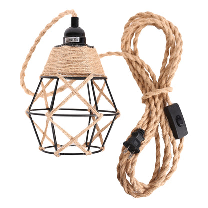 6.29 in. 1-Light Black Geometric Shaded Retro Plug-in Hand Woven Hemp Pendant Light with On/Off Switch for Dining Room
