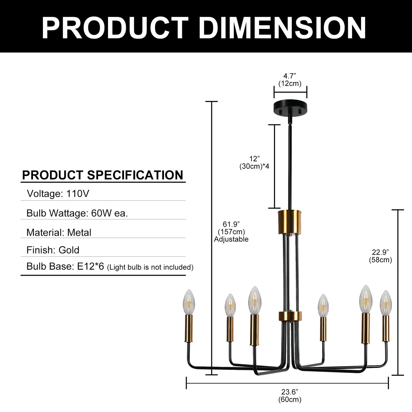 YANSUN 6-Light Black Gold Branch Chandelier ETL Certified Modern Ceiling Pendant Light E12