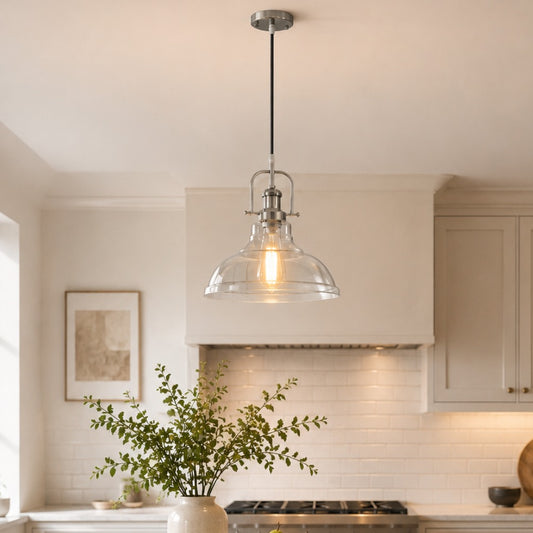 YANSUN 1-Light Chrome Glass Pendant Light with 11in Clear Glass Shade Convertible Flush Mount E26 Fixture
