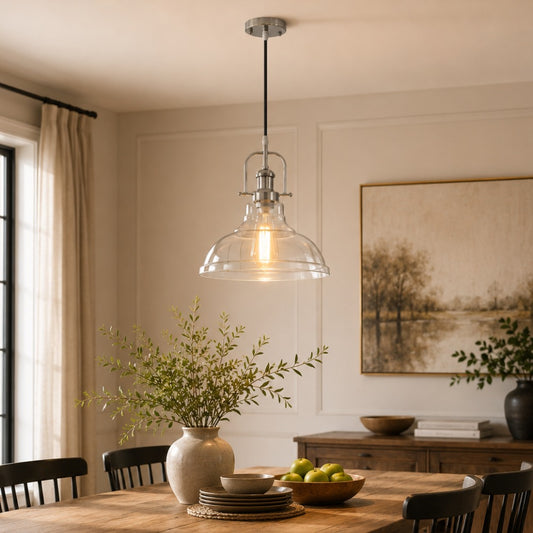 YANSUN 1-Light Chrome Glass Pendant Light with 11in Clear Glass Shade Convertible Flush Mount E26 Fixture
