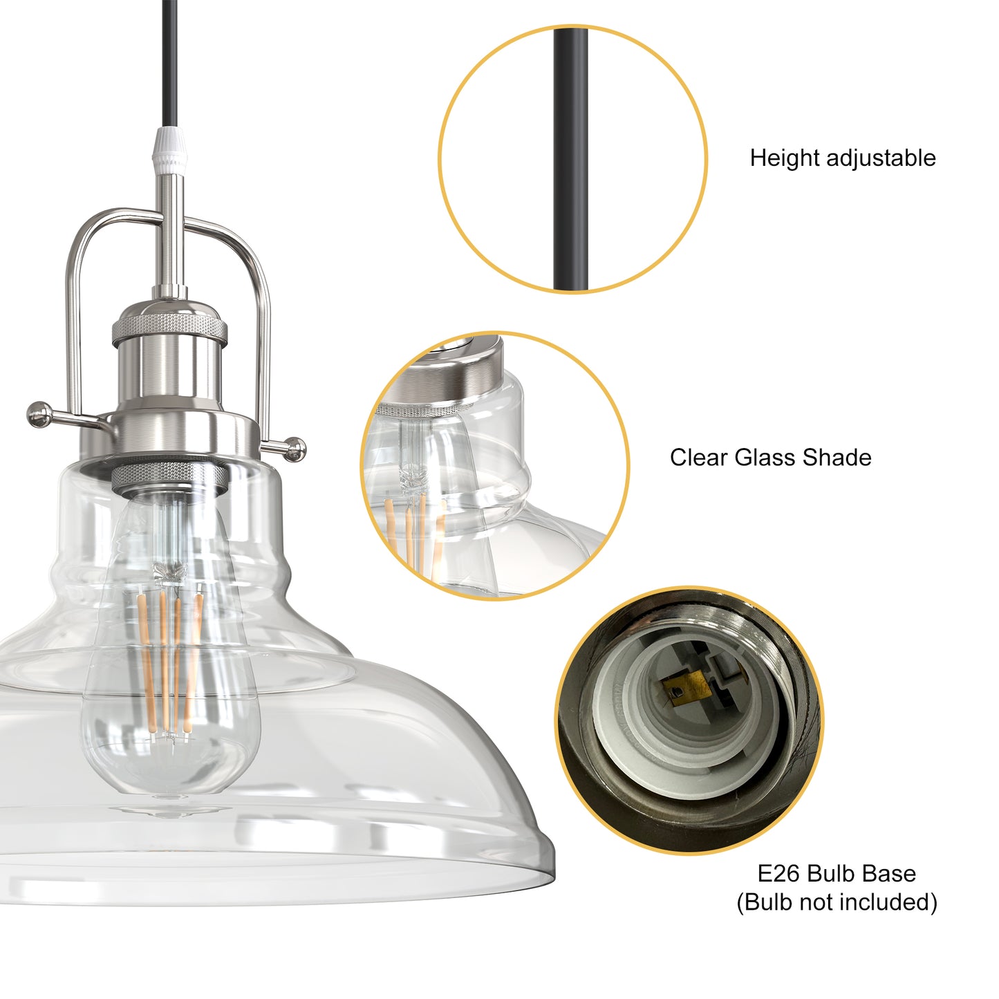 YANSUN 1-Light Chrome Glass Pendant Light with 11in Clear Glass Shade Convertible Flush Mount E26 Fixture