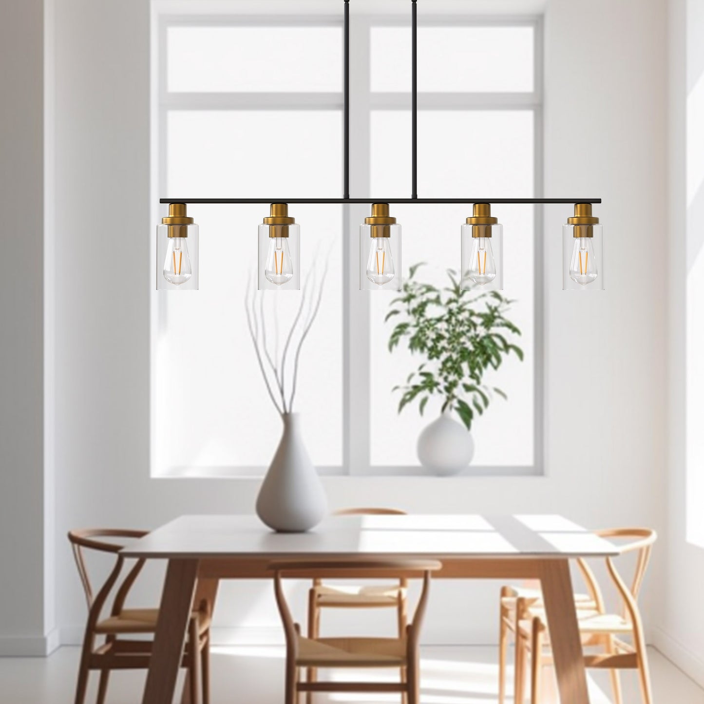 YANSUN 5-Light Black and Gold Farmhouse Linear Island Pendant Light with Clear Glass Shade for Dining Room, Kitchen Island