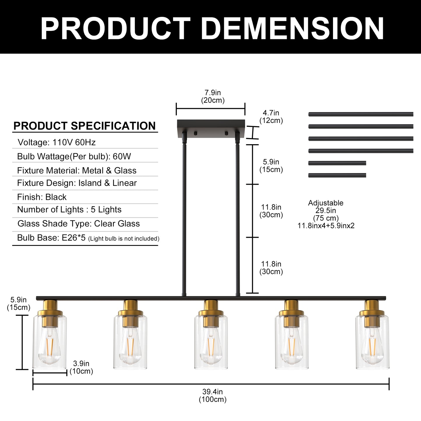YANSUN 5-Light Black and Gold Farmhouse Linear Island Pendant Light with Clear Glass Shade for Dining Room, Kitchen Island