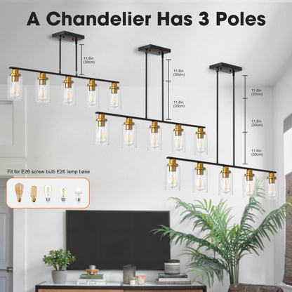 YANSUN 5-Light Black and Gold Farmhouse Linear Island Pendant Light with Clear Glass Shade for Dining Room, Kitchen Island