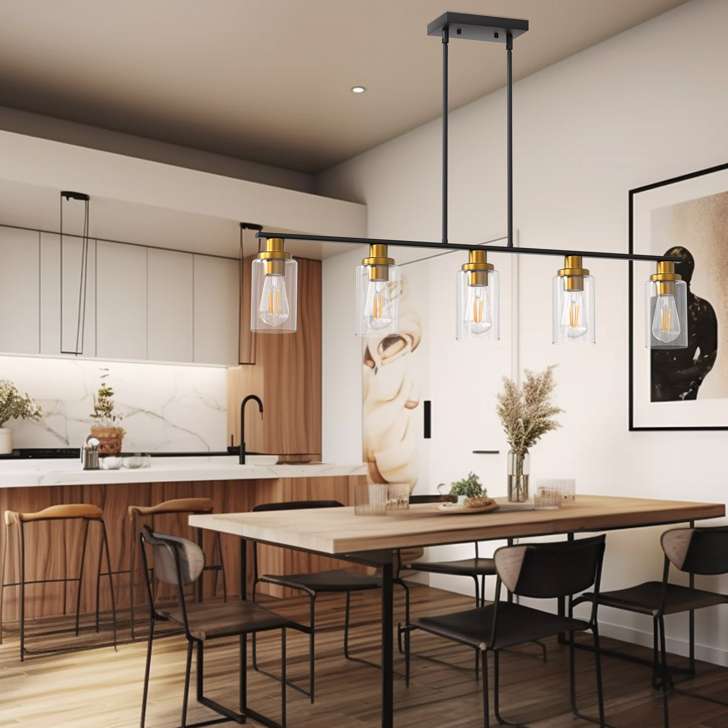 YANSUN 5-Light Black and Gold Farmhouse Linear Island Pendant Light with Clear Glass Shade for Dining Room, Kitchen Island