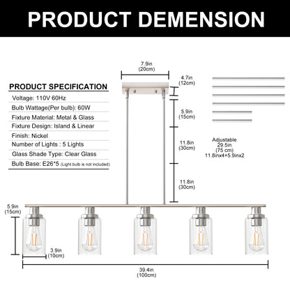 5-Light Brushed Nickel Modern Kitchen Island Pendant Lighting with Clear Glass Shade, Hanging Light for Dining Room