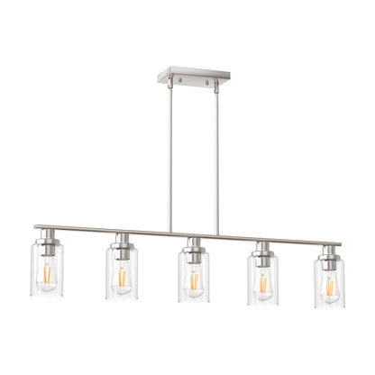 5-Light Brushed Nickel Modern Kitchen Island Pendant Lighting with Clear Glass Shade, Hanging Light for Dining Room