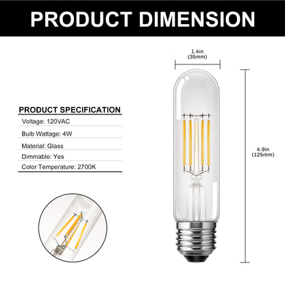 40-Watt Equivalent Edison T25 T30 LED Tubular Bulb, Vintage Filament, Warm White 2700K, Dimmable, E26 Base, 4-Pack