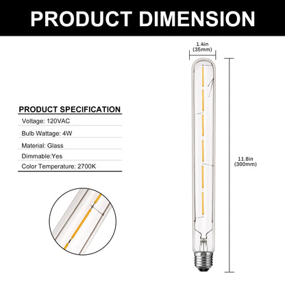 Edison T30 LED Tubular Bulb,Vintage Filament Design, 6W (60W Equivalent), Warm White 2700K, Dimmable, E26 Base, 2 Pack