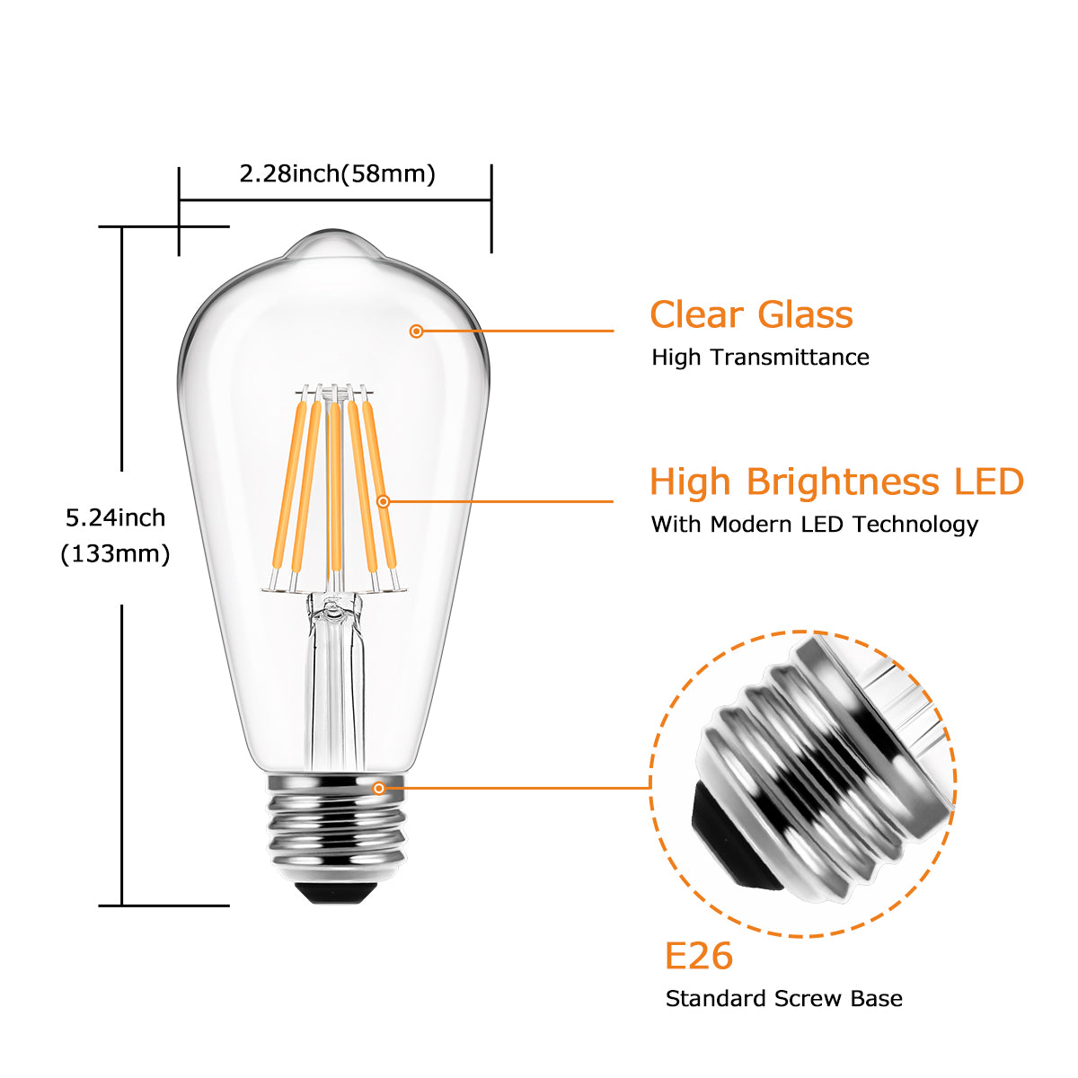 YANSUN 60-Watt Equivalent ST58 E26 Edison LED Light Bulb, 2700K Warm White Vintage Bulbs for Pendant Light (4-Pack)