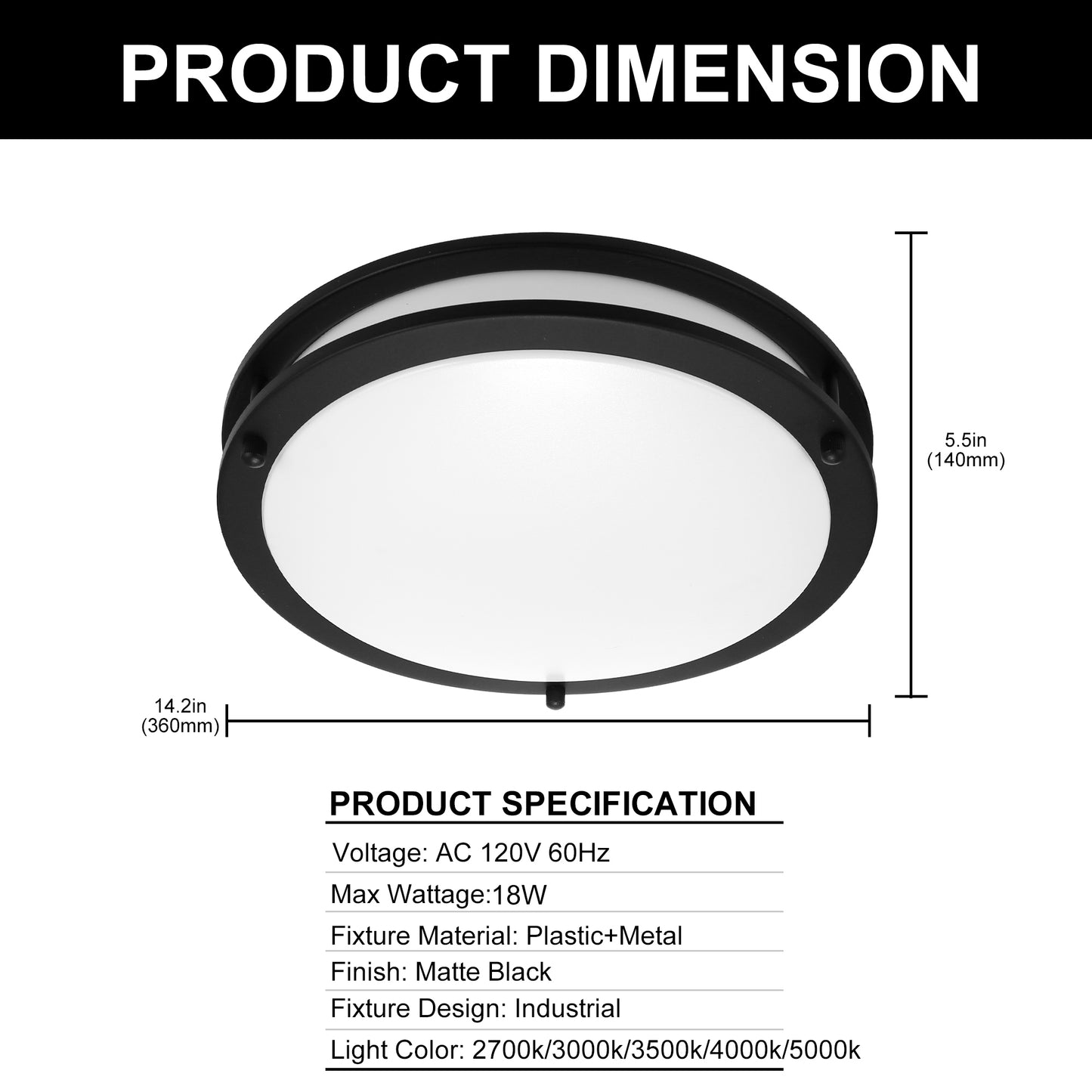 YANSUN 12 In. 18 Watt Round Sand Black Integrated LED Flush Mount with 5CCT Dimmable Function